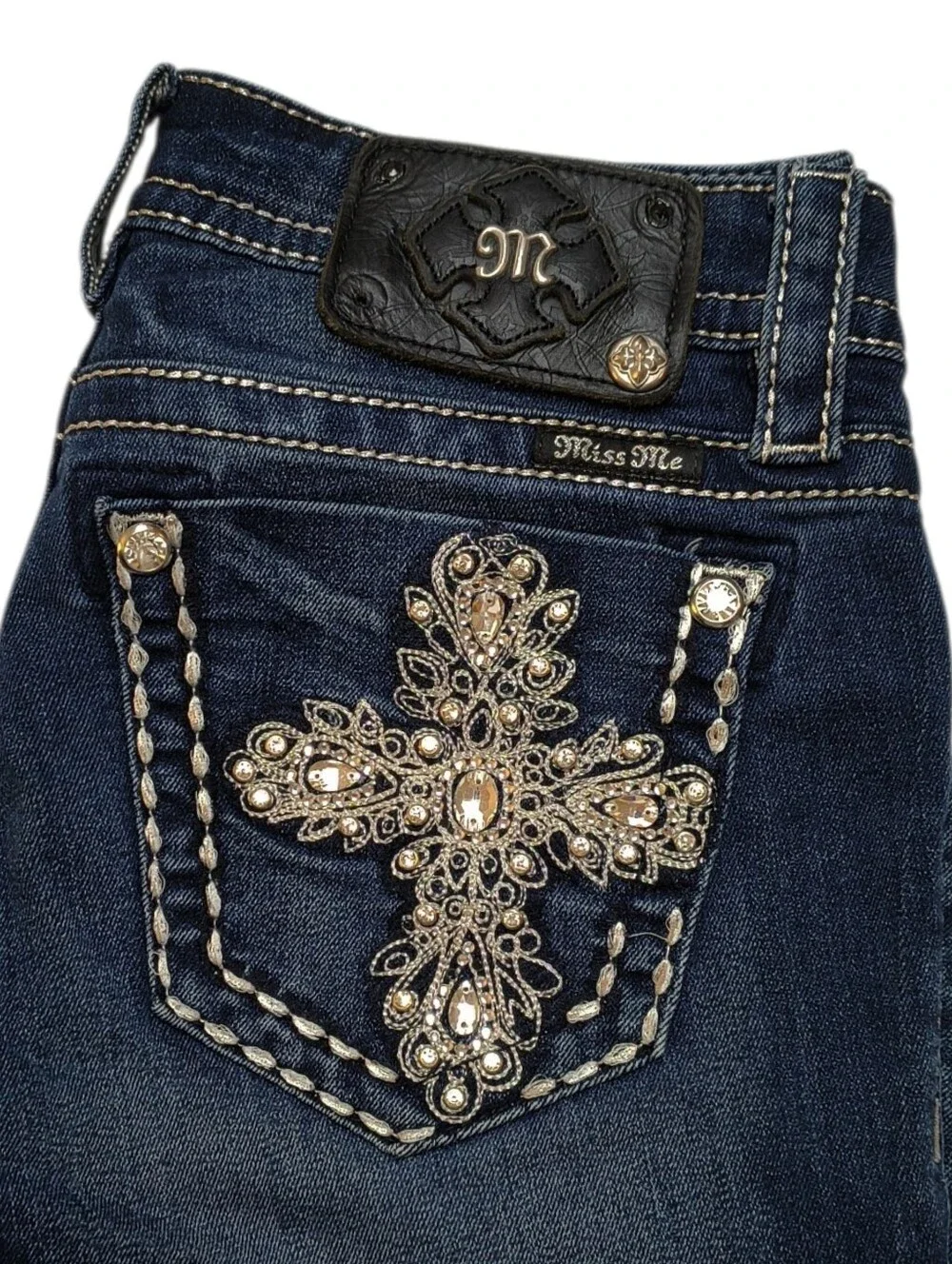 Miss Me Dark Blue Boot Cut Jeans with Rhinestone Cross Pockets Size 26